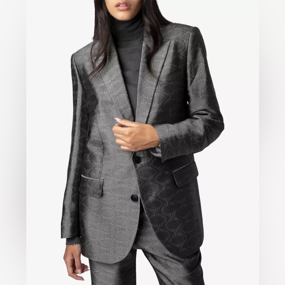 Nwt Zadig & Voltaire Vegy Jacquard Wing Print Blazer Anthracite Silver Sz 38